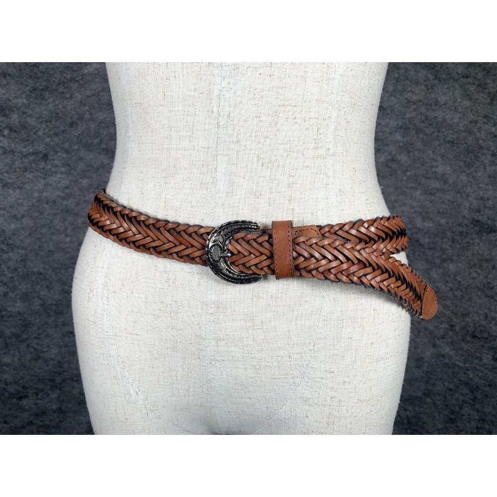 Vintage Womens Braided Belt Leather Brown Medium Solid‎ Silver Tone Buckle Nice - Picture 14 of 16